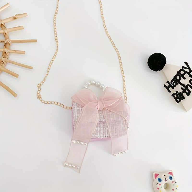 Kids Mesh Bow Handbag w/ Faux Pearl Handle Mini Messenger Bag