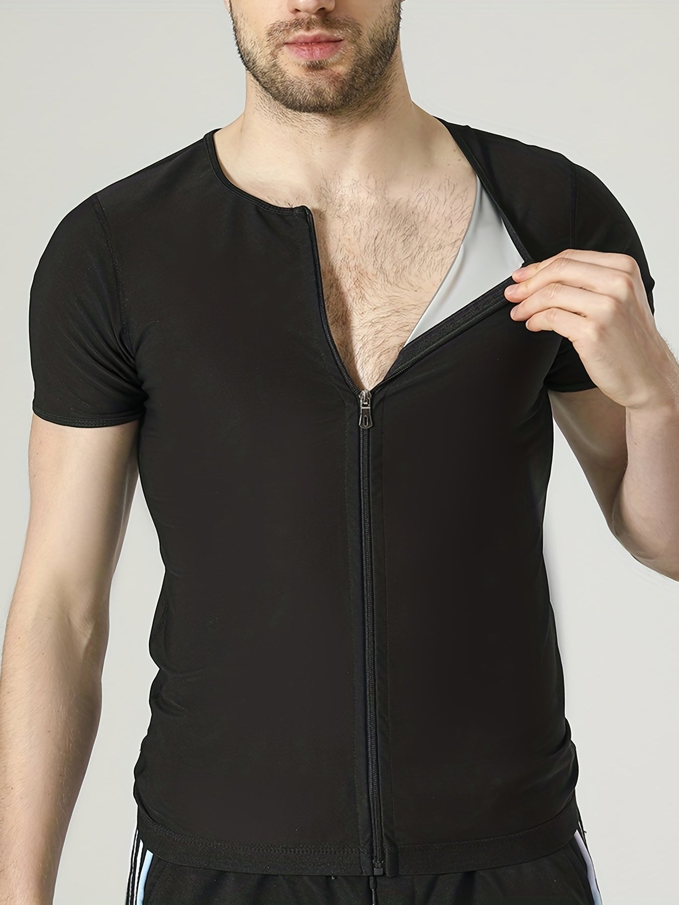 Men's Sauna Sweat Workout Crew Neck T-shirt Full Zip Body Shapewear