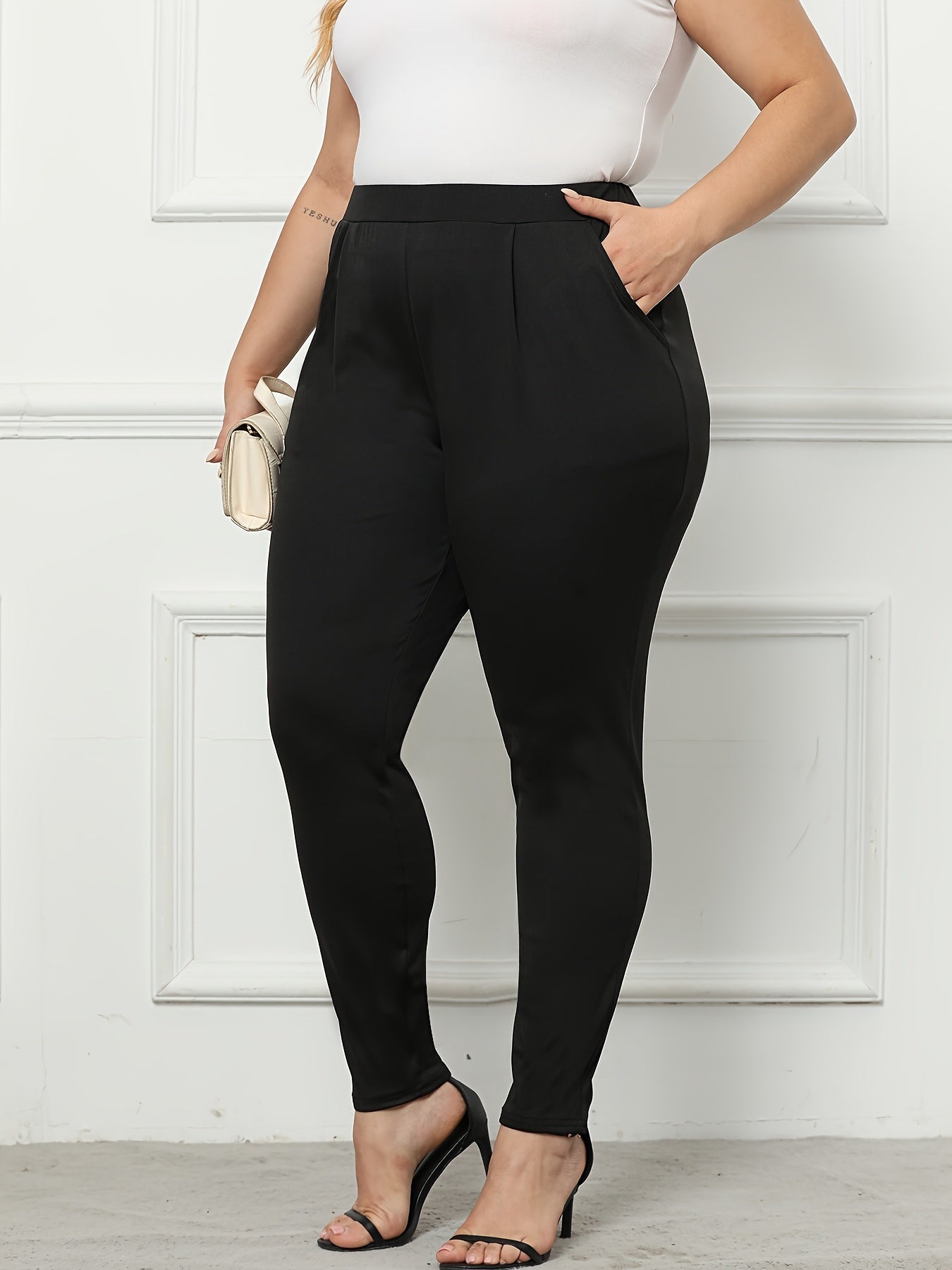  High Rise Stretch Skinny Trousers With Pockets