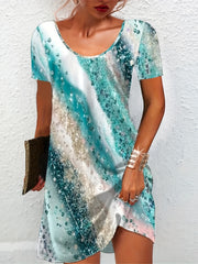 Women's Plus Marble Print Short Sleeve Round Neck Dress