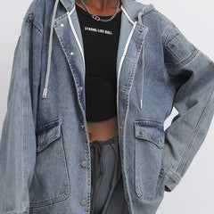  Casual Denim Top Solid Hooded Drawstring Jacket