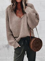  Solid V Neck Long Sleeve Sweater