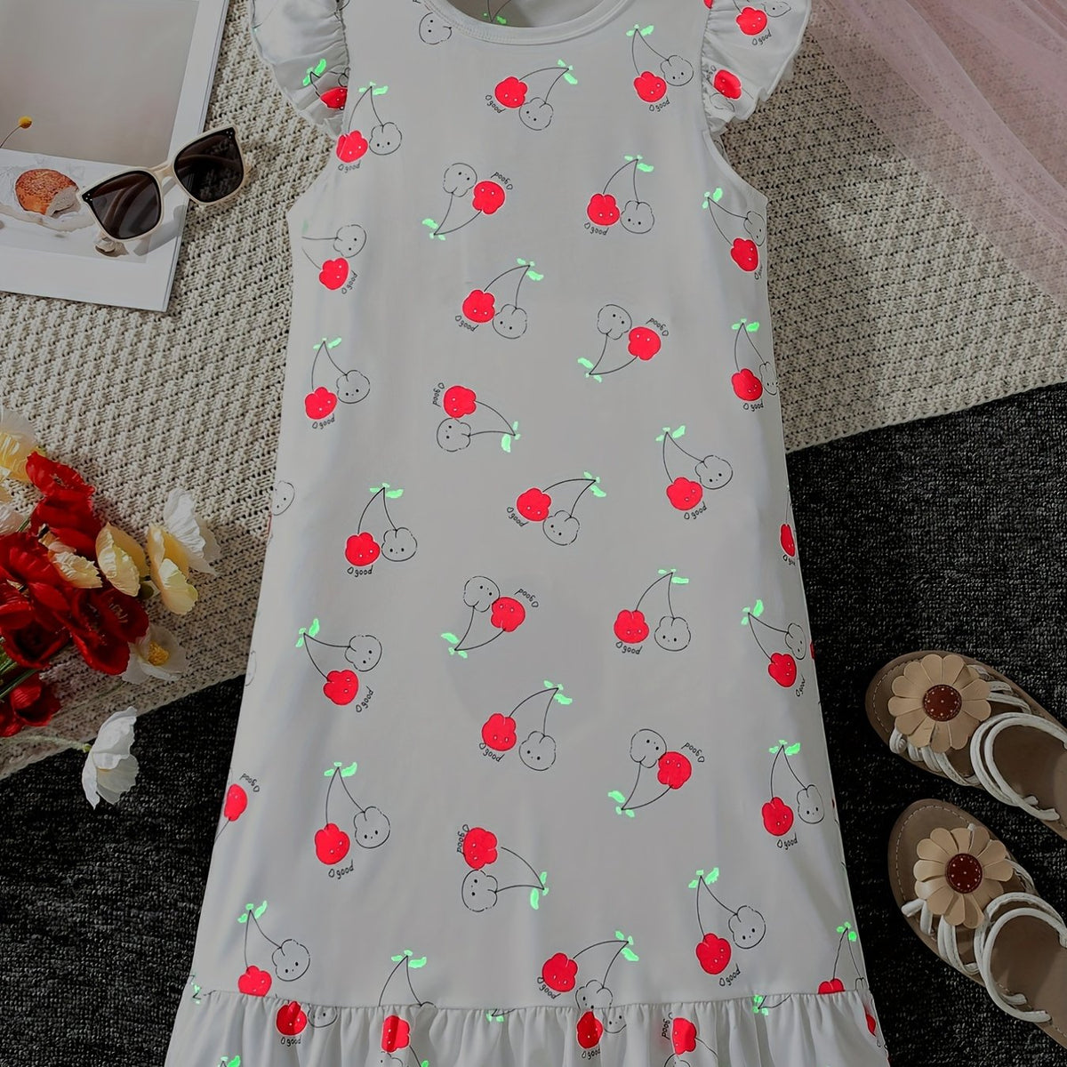Girls Cherry Print Sleeveless Nightdress Ruffle PJ Round Neck Dress