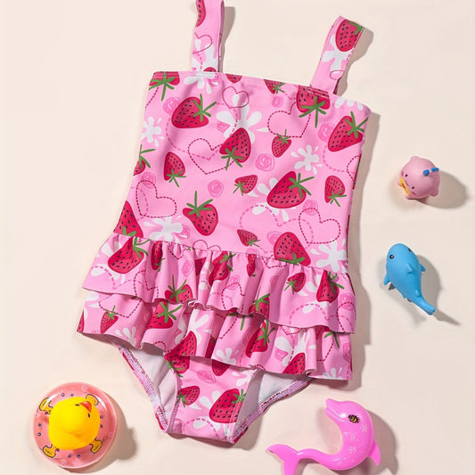 Girls Watermelon Print Tankini Swimwear Ruffle Decor