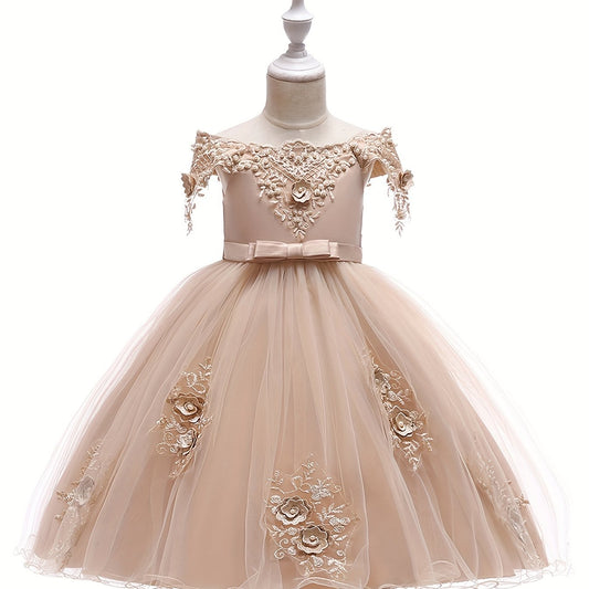 Girls Flower Beaded Embroidered Ball Gown Party Dress