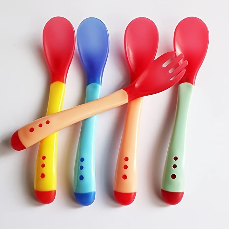 Baby Spoons & Forks Set Soft Silicone Tip Heat Sensitive Toddler Utensils