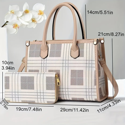 2pcs Plaid Briefcase Set Large Capacity Handbag With Clutch Bag