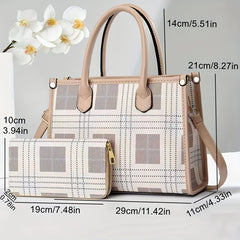 2pcs Plaid Briefcase Set Large Capacity Handbag With Clutch Bag