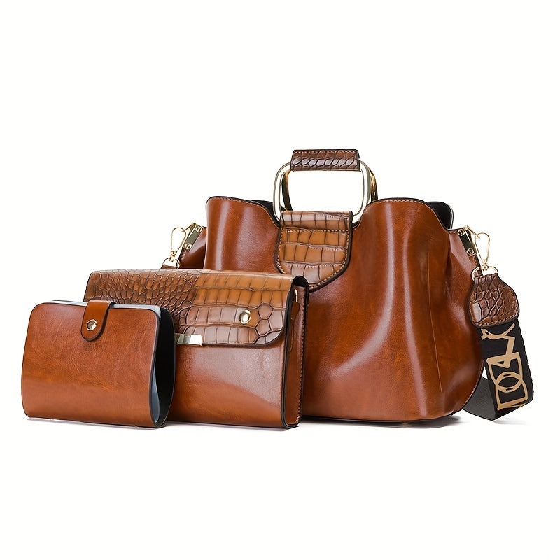 3-Pc Crocodile Pattern Bag Set Vintage Shoulder & Clutch Purse Credit Case