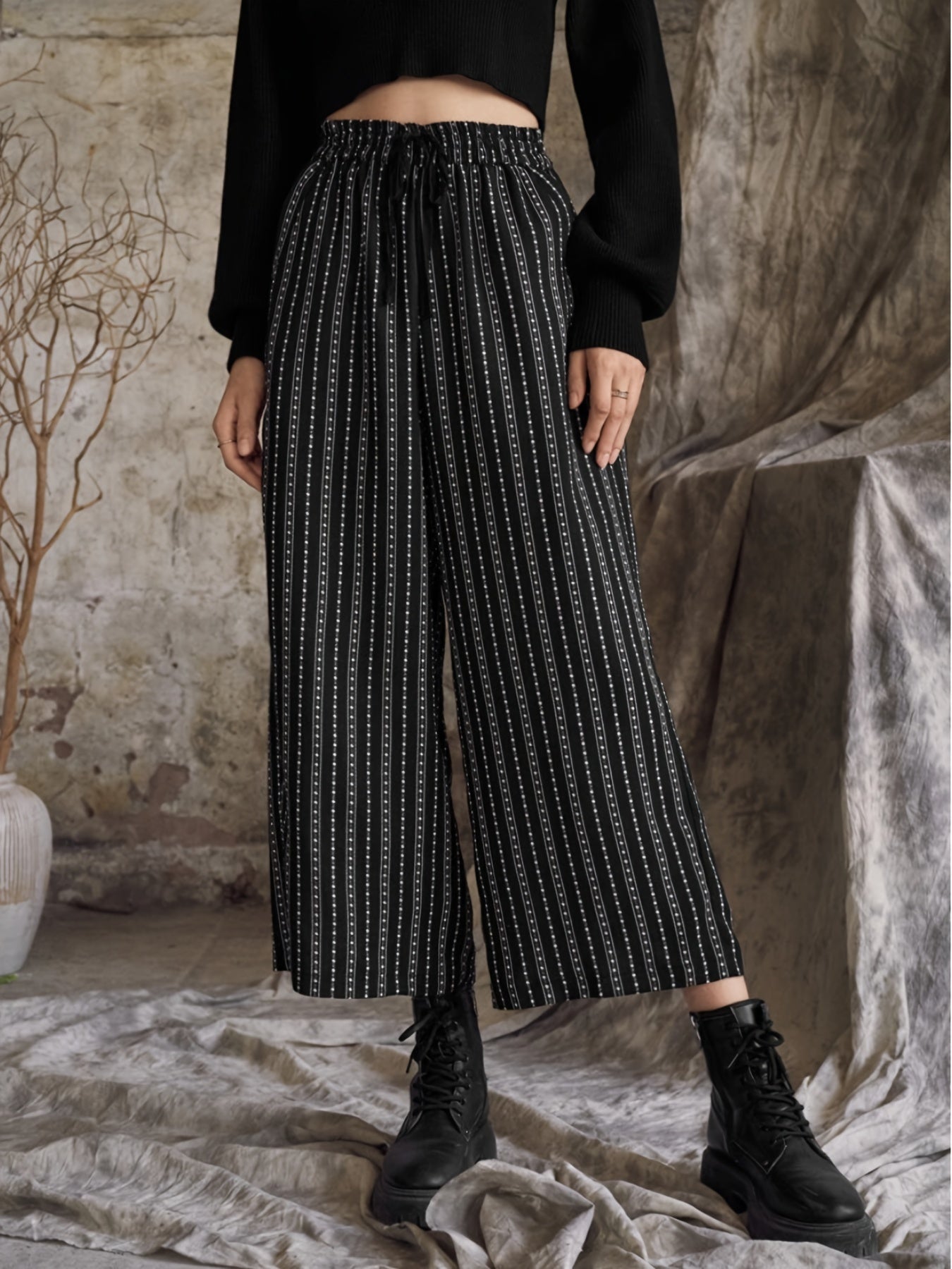  Women's Stripe & Dot Print Wide Leg Trousers
