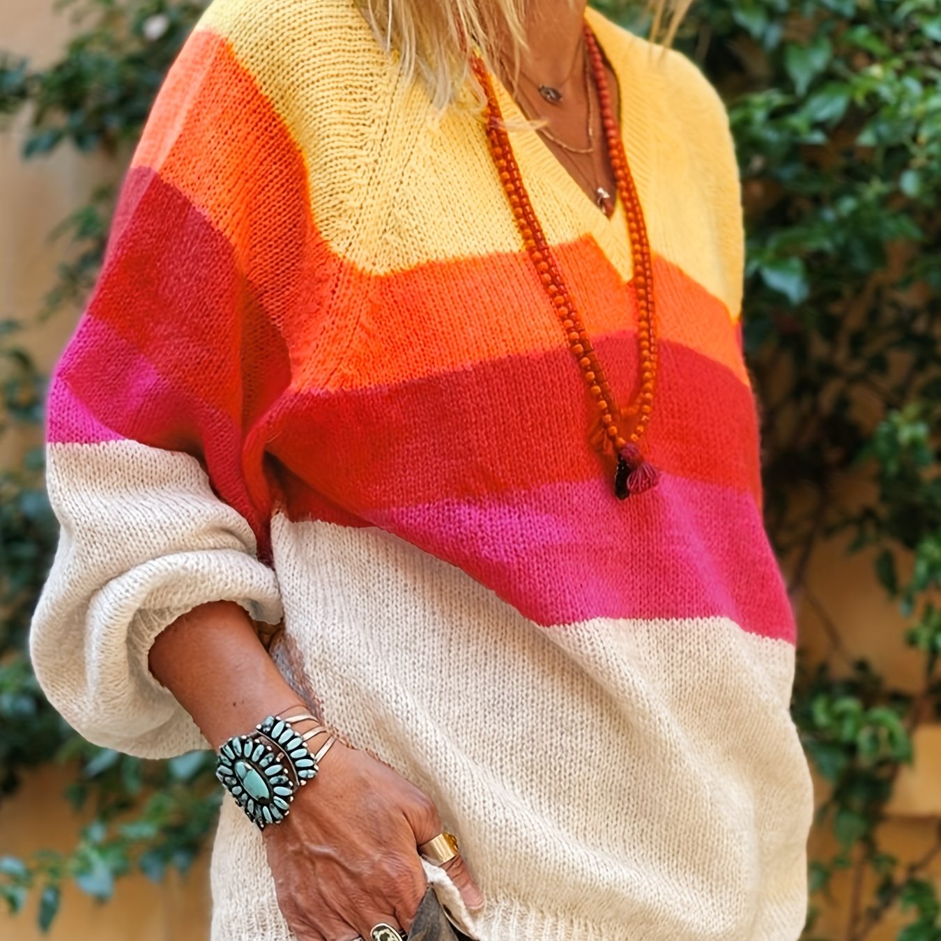  Colorblock Stripe Lantern Sleeve V Neck Sweater