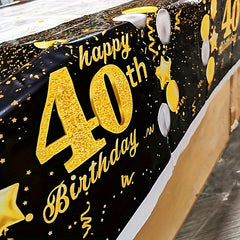 Golden Happy 40th Birthday Tablecloth With Balloons Star Print