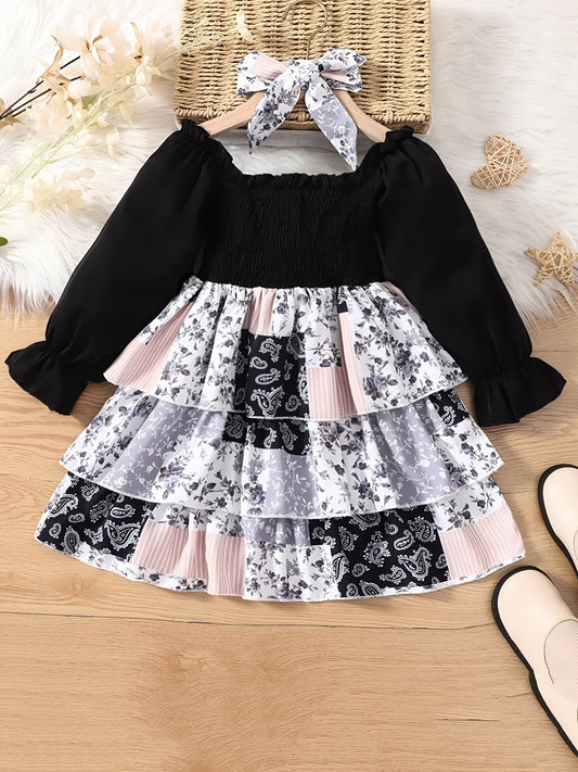 Ethnic Floral Tiered Patchwork Dress & Headscarf Set for Toddlers