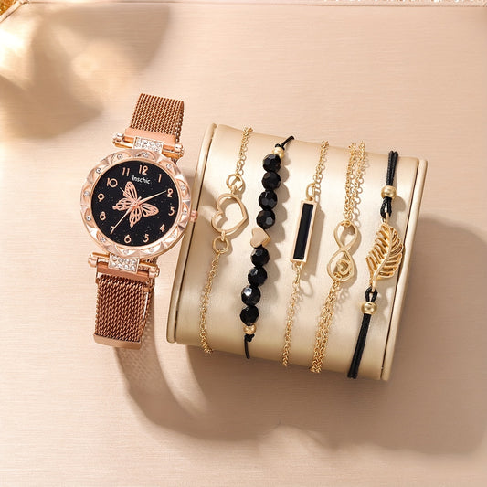 6pcs Heart Rhinestone Quartz Watch & Love Bangle Set