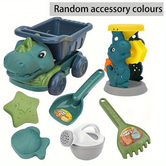 7pcs Dinosaur Beach Toy Set Dump Truck Watering Can Shovel Rake Sand Molds