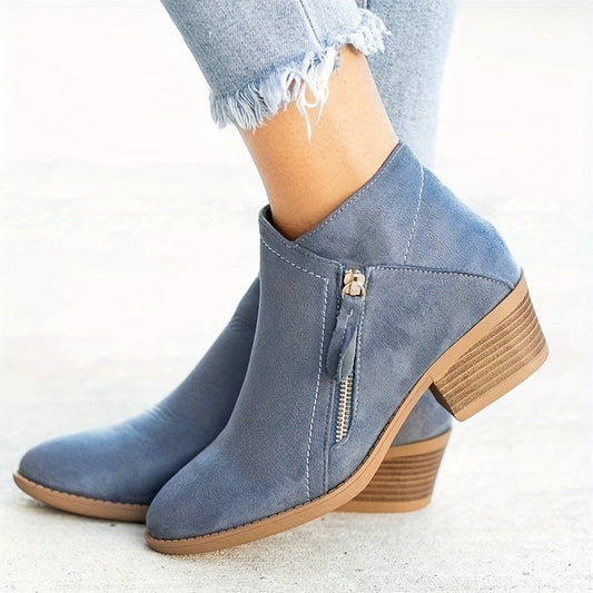 Women's Stacked Heel Ankle Boots Round Toe Side Zipper Casual Short Boots