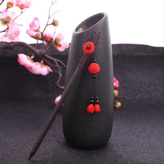 Vintage Red Flower Beaded Wooden Hairpin Women's Hair Fork Accessories