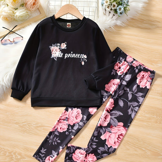Girl's Floral 2pcs Sweatshirt & Leggings LITTLE PRINCESS Set