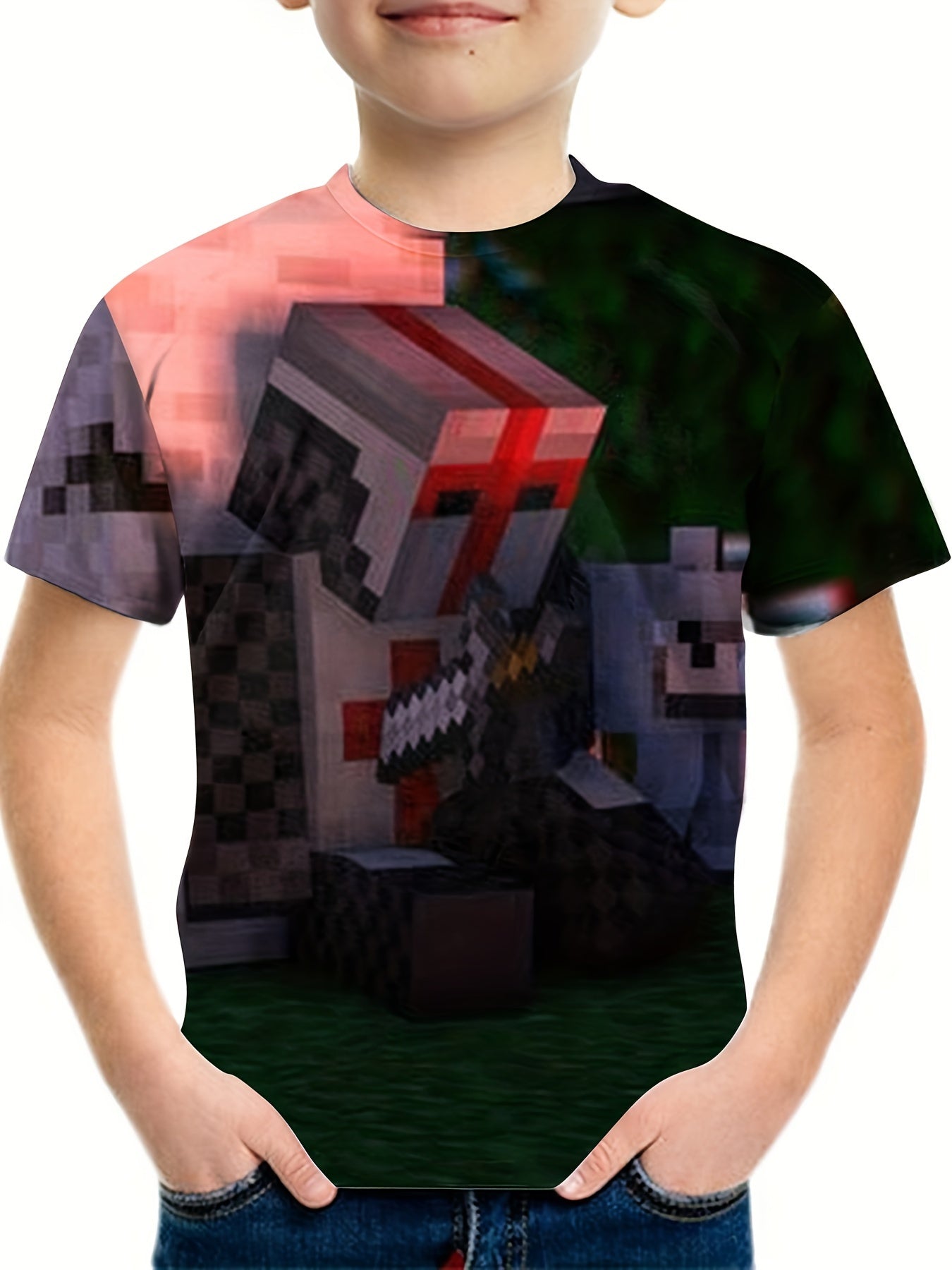 Boys Pixel Warrior Print T shirt Short Sleeve Casual Outdoor Tees Top