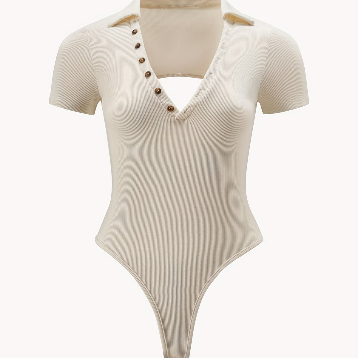 Solid Button V Neck Tie Bodysuit Sexy Short Sleeve Backless Bodysuit