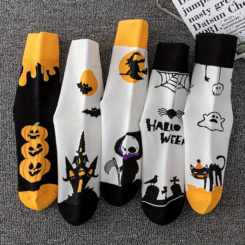 5 Pairs Ghost & Bat Print Socks Halloween Mid Tube Socks Women's Stockings