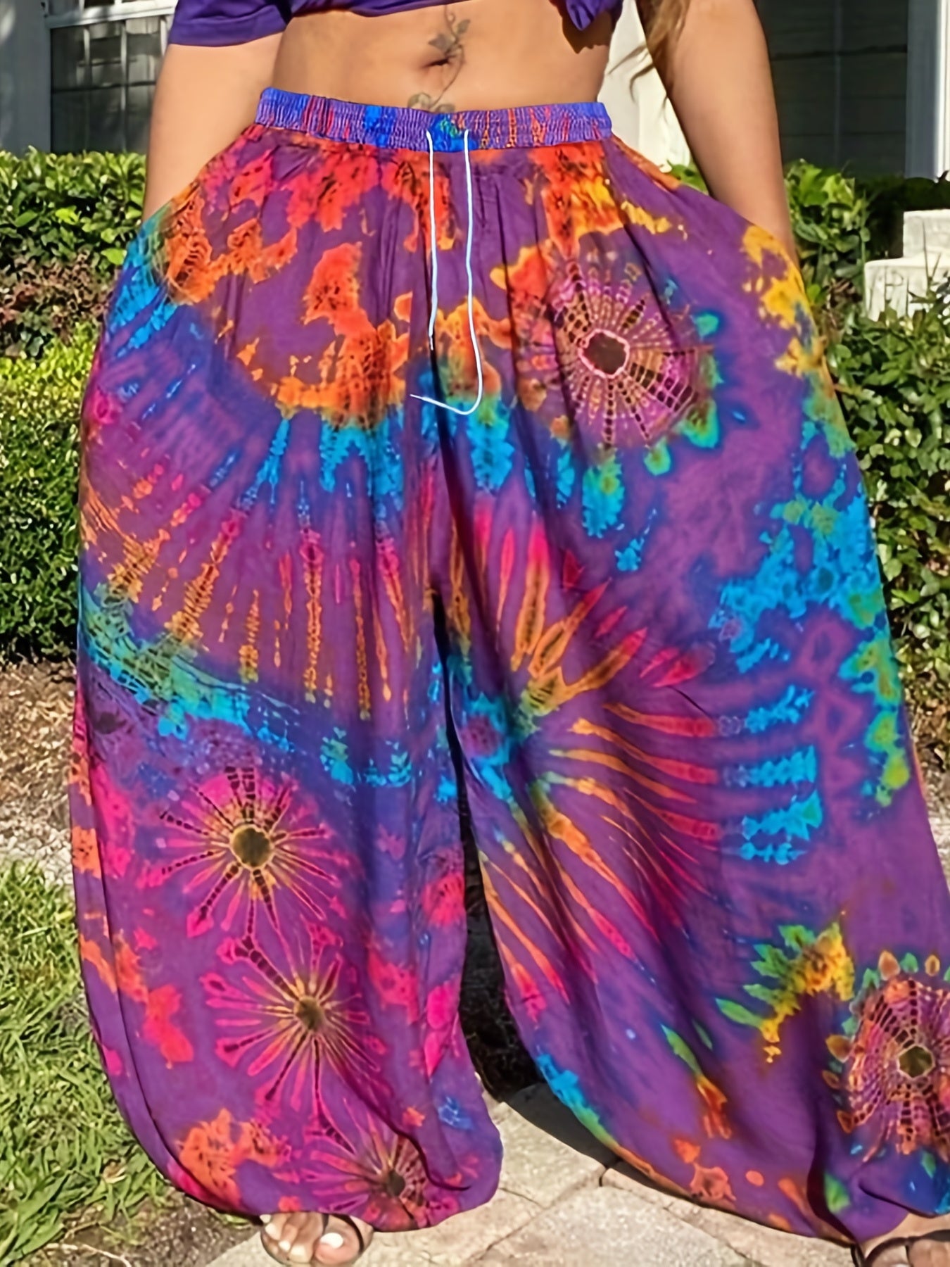  Tie Dye Drawstring Lantern Pants With Pockets
