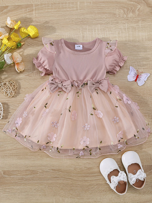 Baby Girls Floral Bowknot Mesh Puff Sleeve Dress