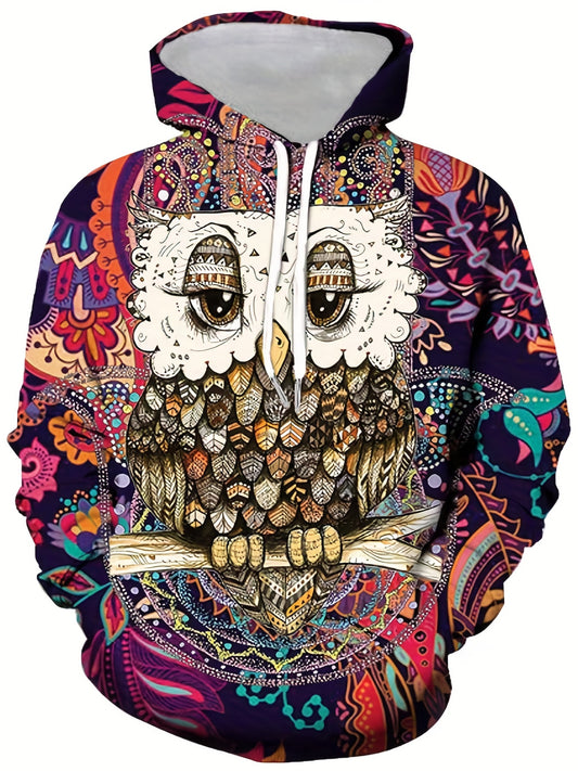 Colorful Owl Print Hoodies For Men Graphic Hoodie Comfy Loose Pullover