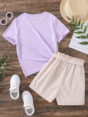 Girls Flowers Graphic Tee & Belted Shorts Set Summer Outfit