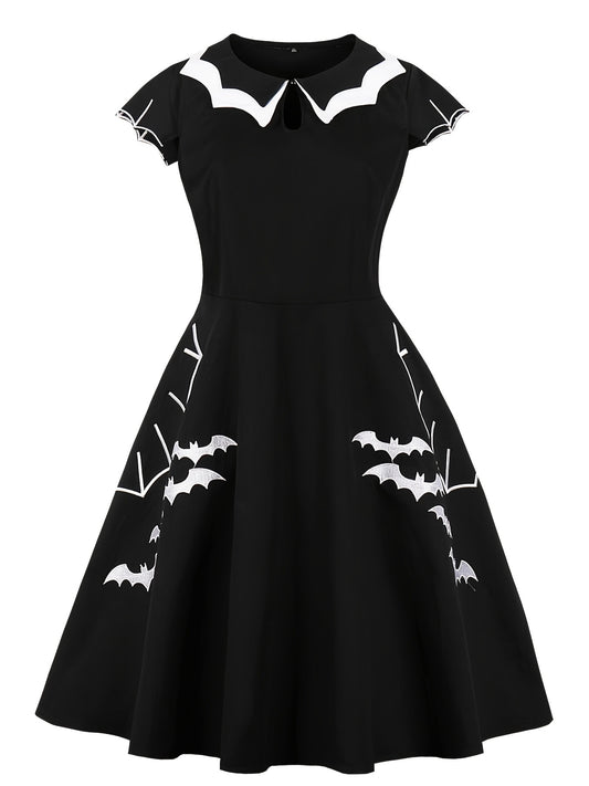 Plus Size Gothic Dress Bat & Spiderweb Embroidered Cap Sleeve