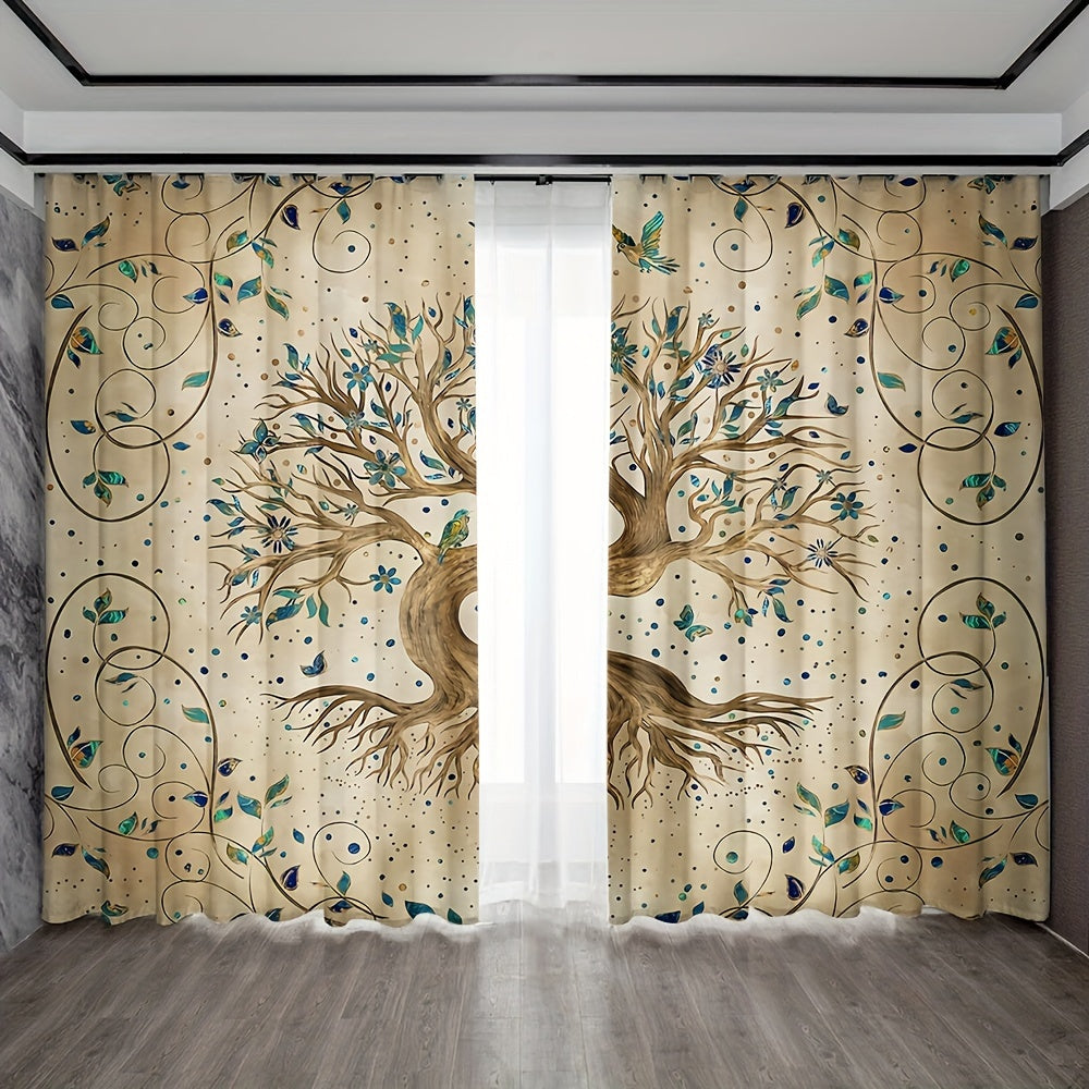 2pc Yellow Tree of Life Pattern Curtains with Pillowcase - Rod Pocket Style