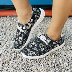 Women's Skull Pattern Canvas Shoes Lightweight Slip On Halloween Shoes