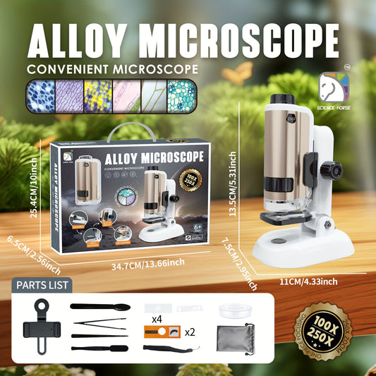 Science Horse 16pcs Portable Microscope Kit with 250x Magnification