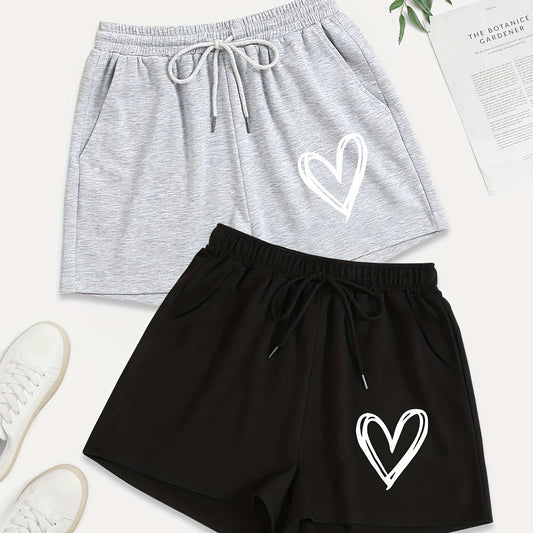 2 Pack Plus Size Casual Shorts Women's Plus Heart Print Drawstring Shorts