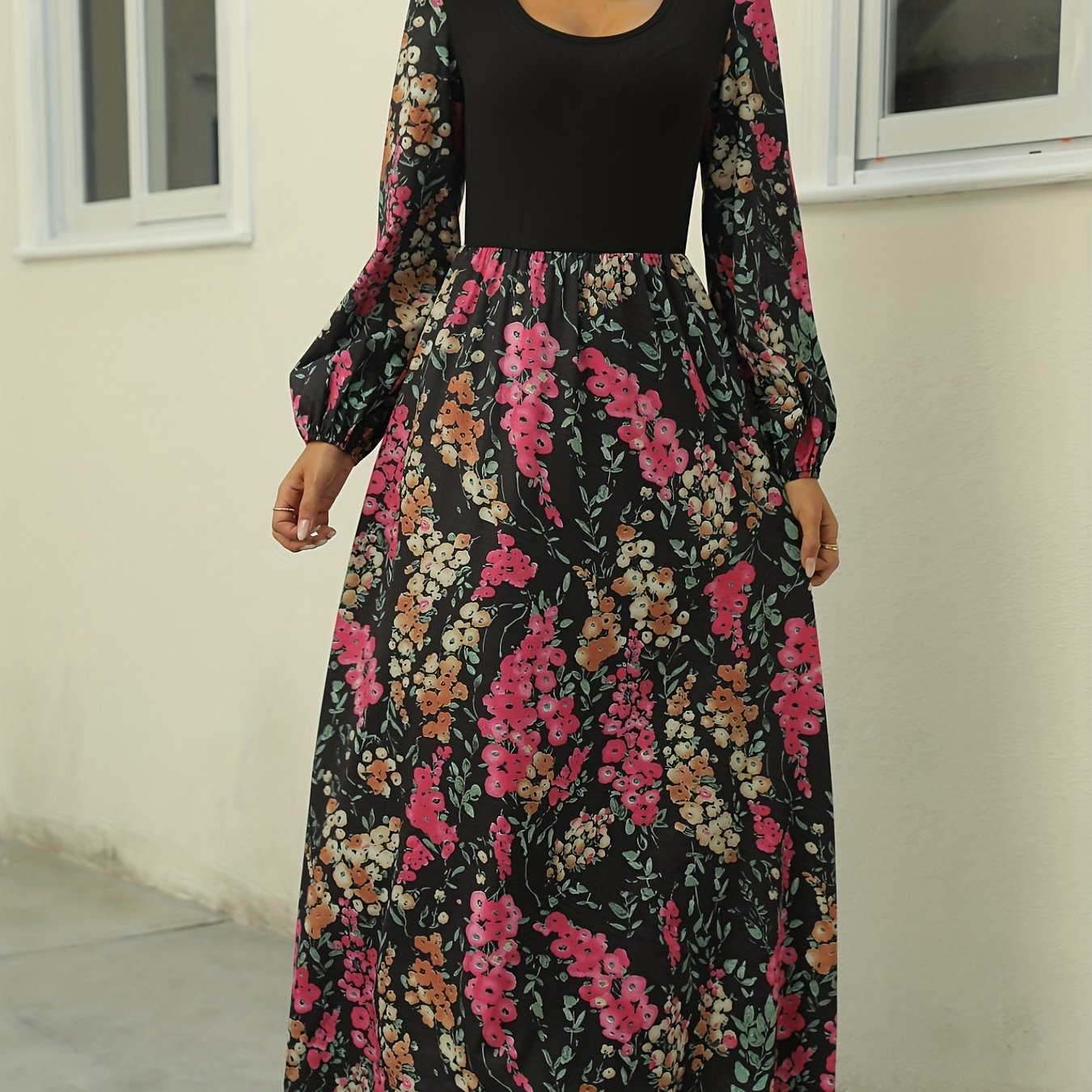 Women's Plus Colorblock Floral Print Long Sleeve Round Neck Maxi Dress