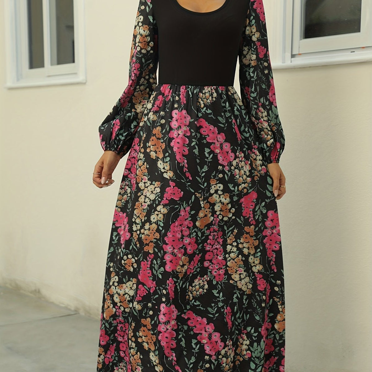 Women's Plus Colorblock Floral Print Long Sleeve Round Neck Maxi Dress