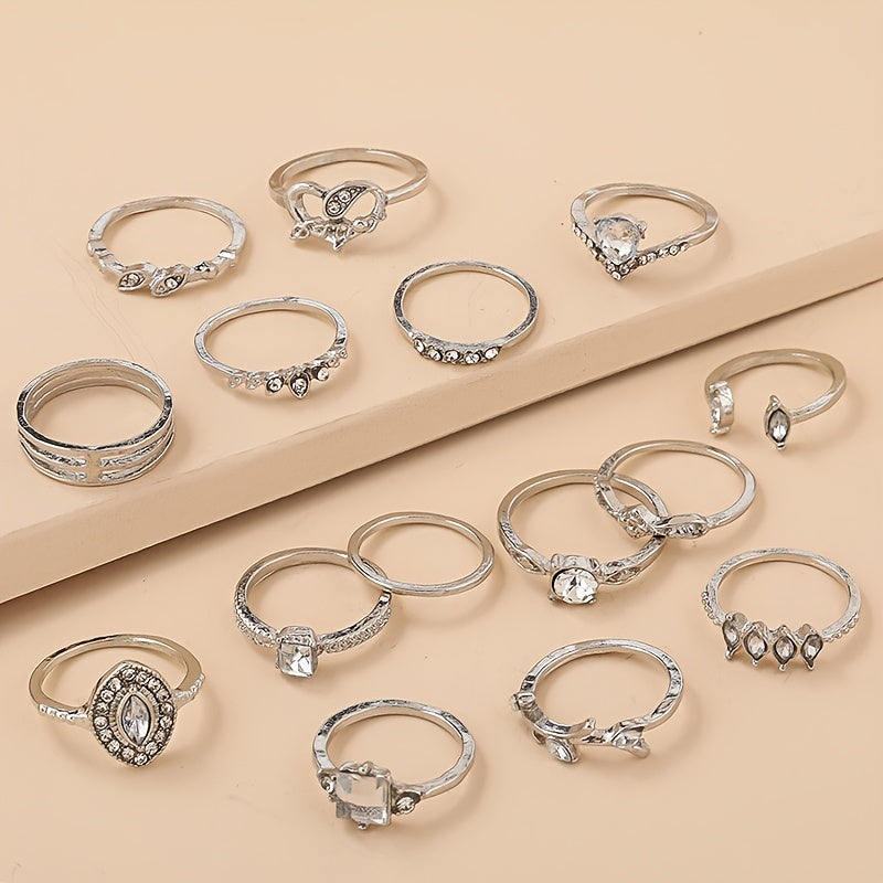 Vintage Rhinestone Stackable Ring Set for Women Girls