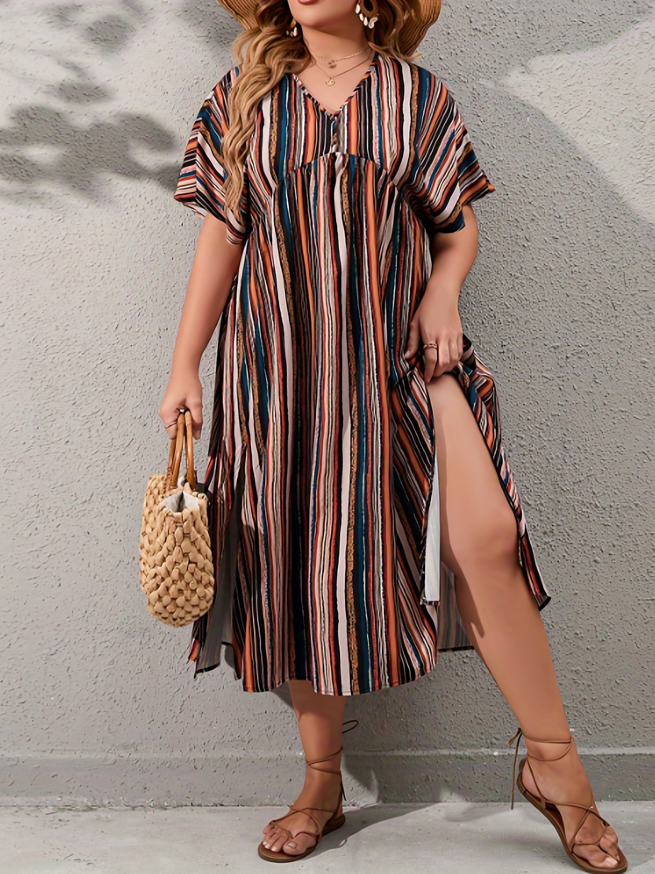  Women's Short Sleeve Striped Split Dress