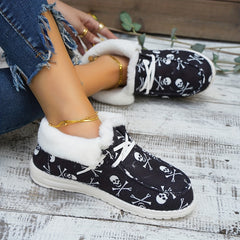 Women's Skull Pattern Fuzzy Canvas Shoes Slip On Low Top Plush Lined Snow Boots
