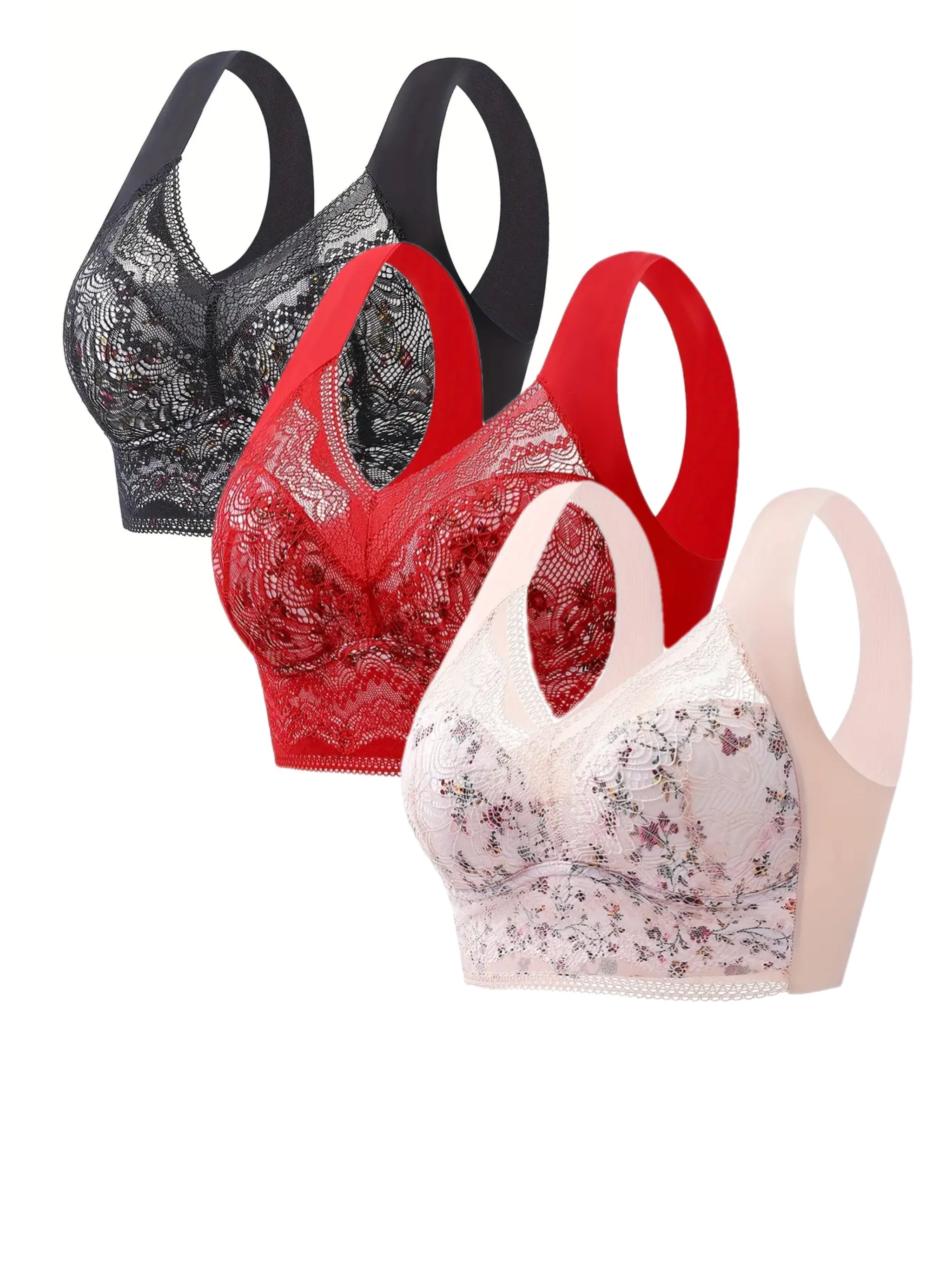 3pcs Lace Wireless Push Up Bras Comfy Women's Lingerie