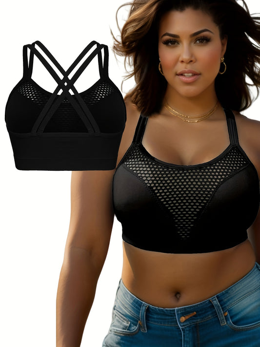  Sports Bra Solid Hollow Out Round Neck Criss Cross Bra