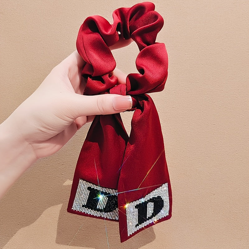 Rhinestone Bowknot Hairband Long Silk Scarf Hair Ring