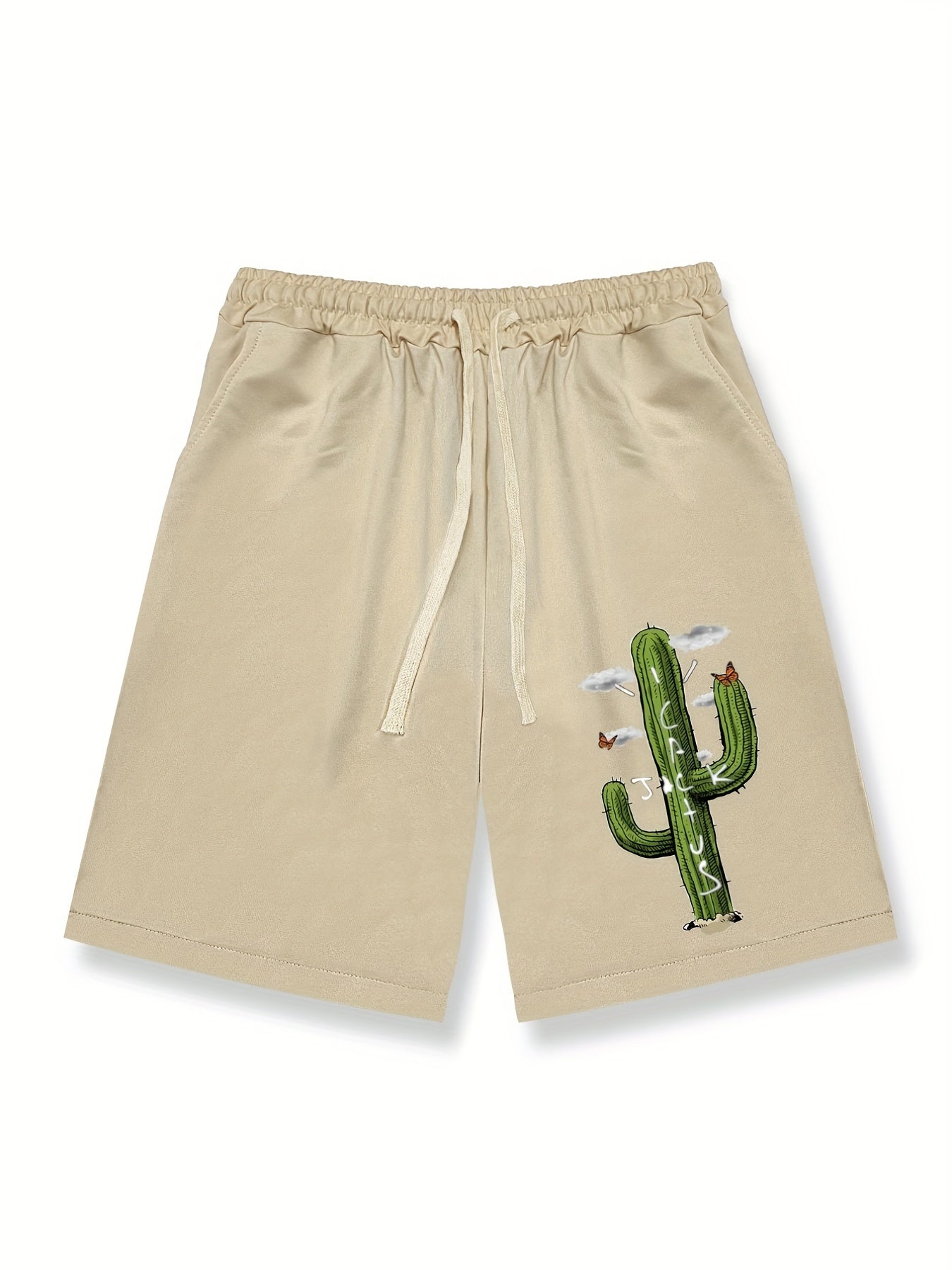Cactus Pattern Comfy Shorts Men's Casual Solid Elastic Waist Drawstring Shorts