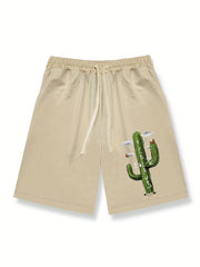Cactus Pattern Comfy Shorts Men's Casual Solid Elastic Waist Drawstring Shorts