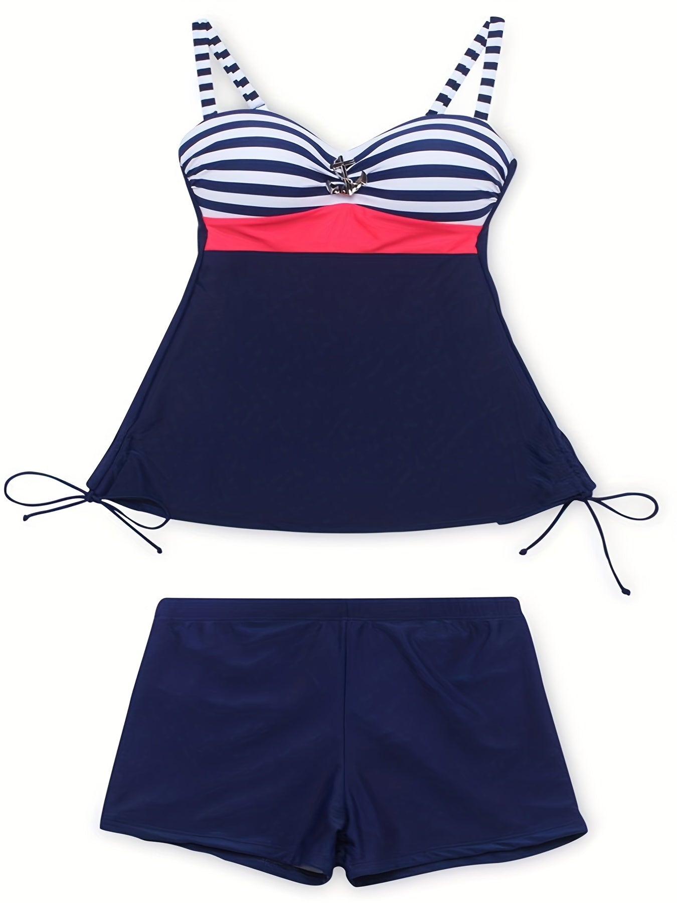 Striped Print Tankini Set V Neck Boxer Short Bottom Swimsuit Women's Swimwear