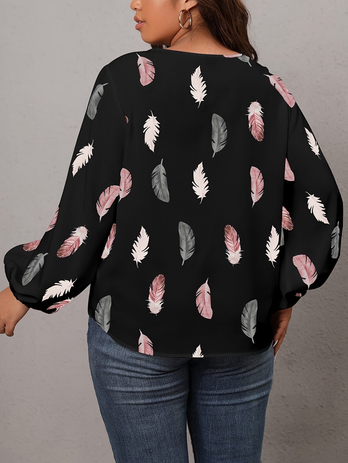  Feather Print Lace Trim Lantern Sleeve V Neck Top