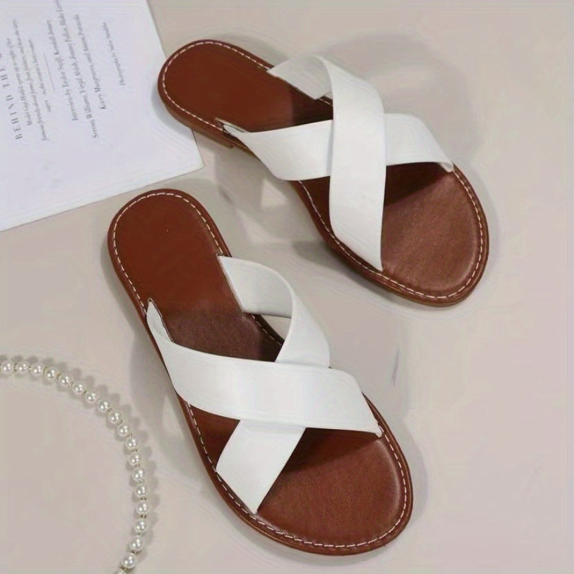 Women's Cross Strap Flat Slippers Open Toe Non Slip Slides