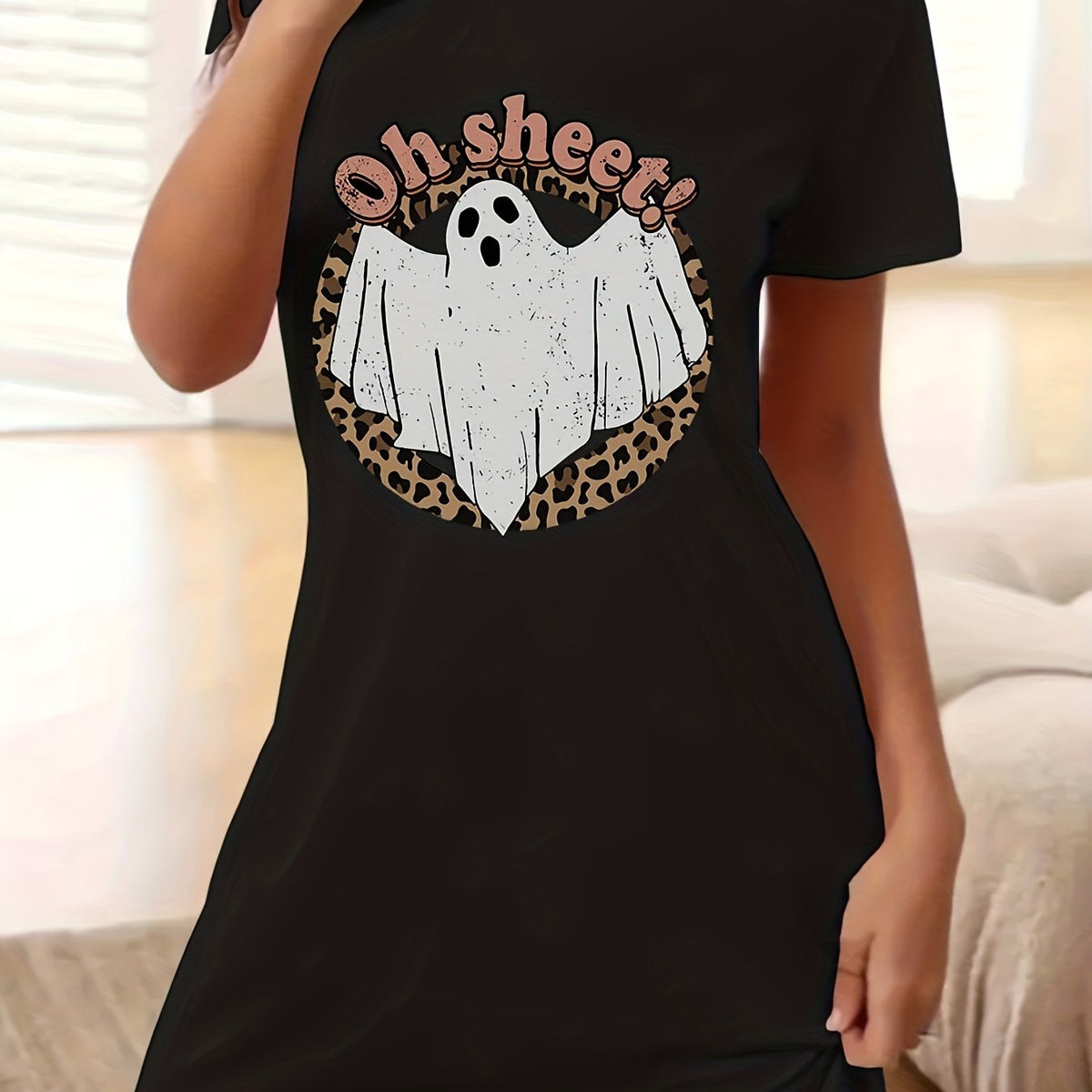  Halloween Dress Women's Plus Ghost & Leopard Print Tee Dress
