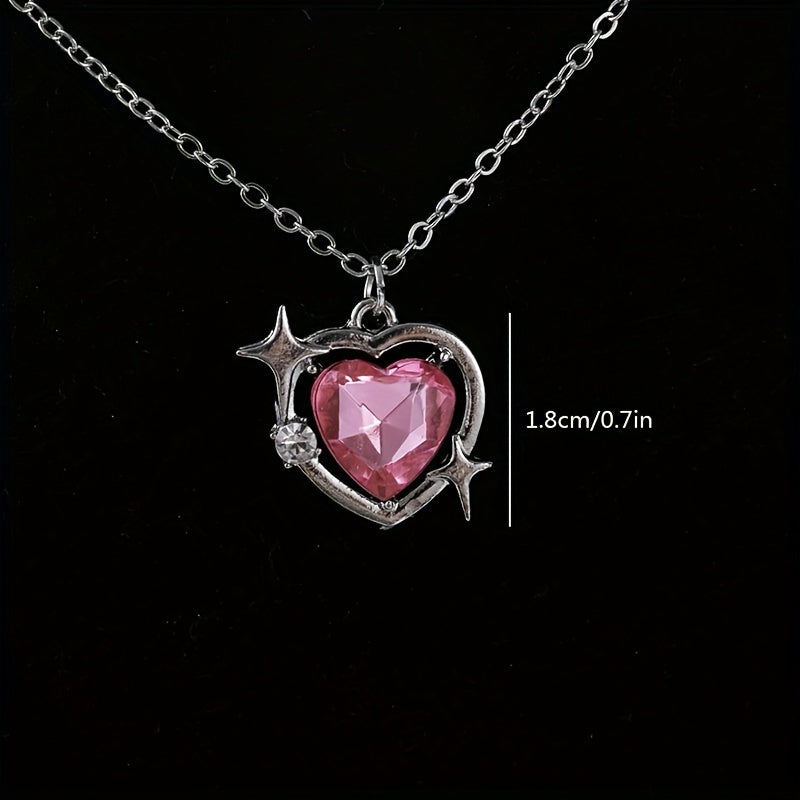Y2K Love Heart Pendant Necklace Pink Crystal Punk Clavicle Chain