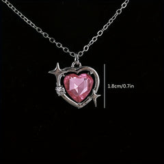 Y2K Love Heart Pendant Necklace Pink Crystal Punk Clavicle Chain